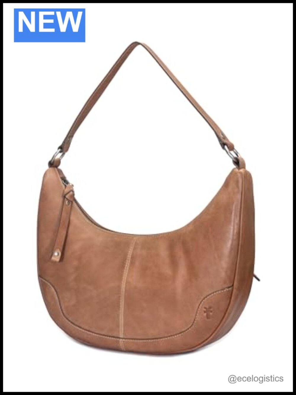 Genuine Leather Crescent Hobo Bag Zip Closure Adjustable Strap Brown